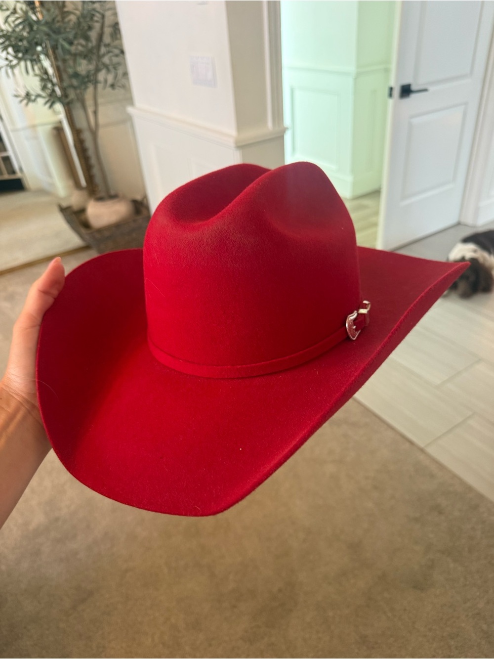 Women's Red Felt Western Cowboy Hat with Decorative Buckle